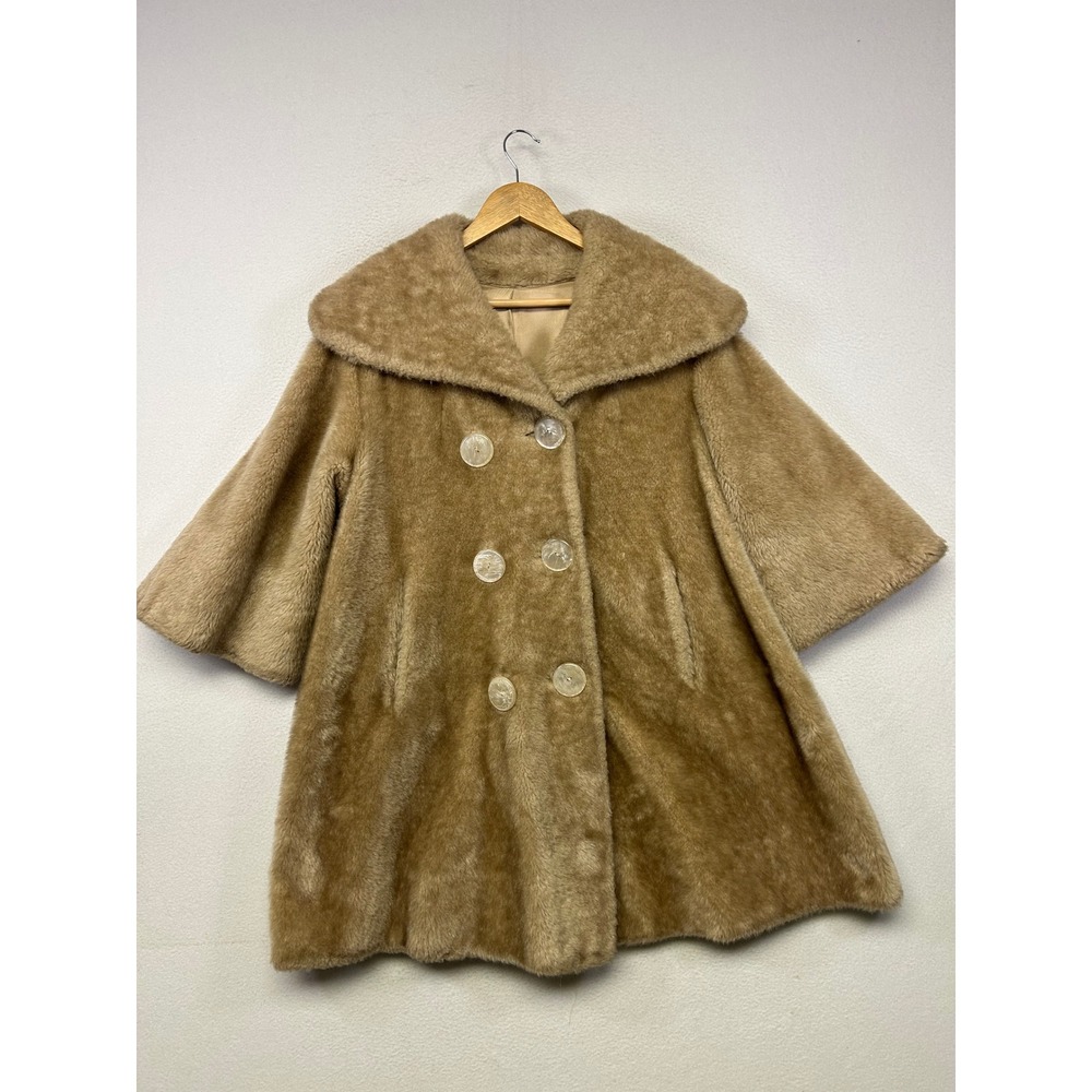 Vintage MCM Glam Golden Cloud Womens OS Tan Faux Fur Double Breasted Swing Coat
